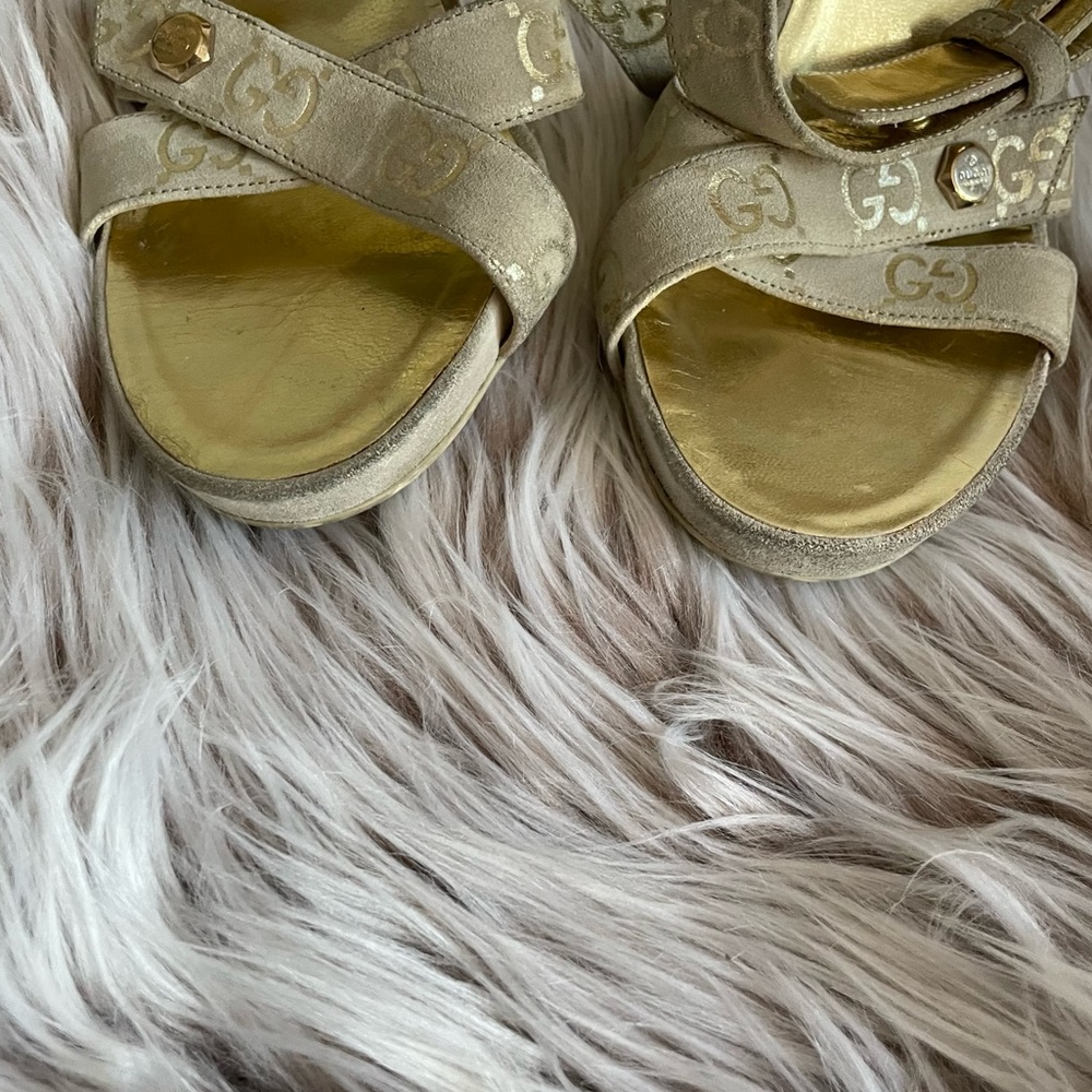 Gucci Gold Monogram Suede Ankle Strap Heels - Picture 4 of 11